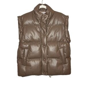 Heartloom Medium Puffer Vest in Driftwood Mocha Brown Faux Leather Snap Front